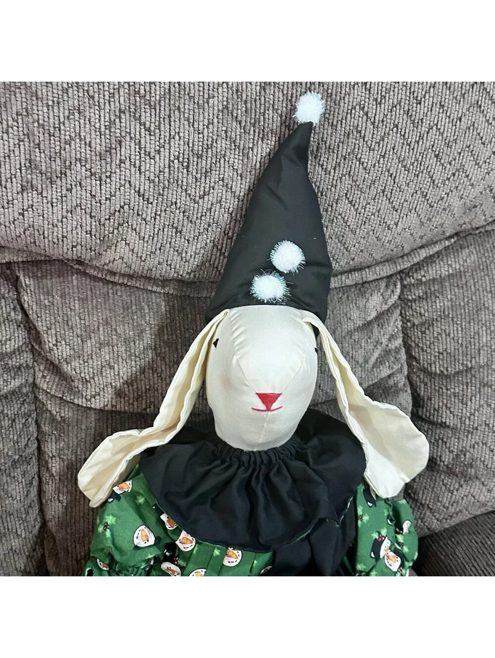 Vintage Floppy Ear Bunny Rabbit Stuffed Doll Christmas Fabric 14” Handmade